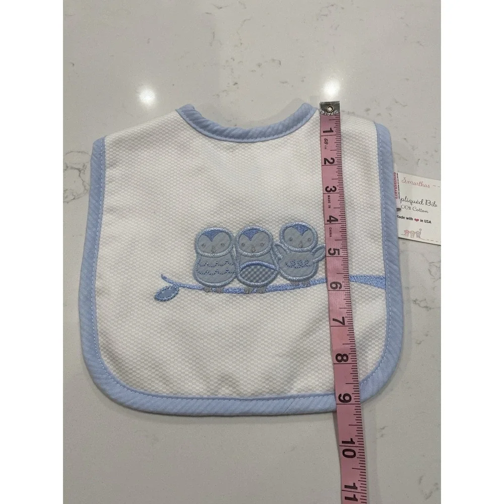 NWT Smocked Boutique Baby Bib Blue Embroidered Owl Baby Shower‎ Gift Heirloom